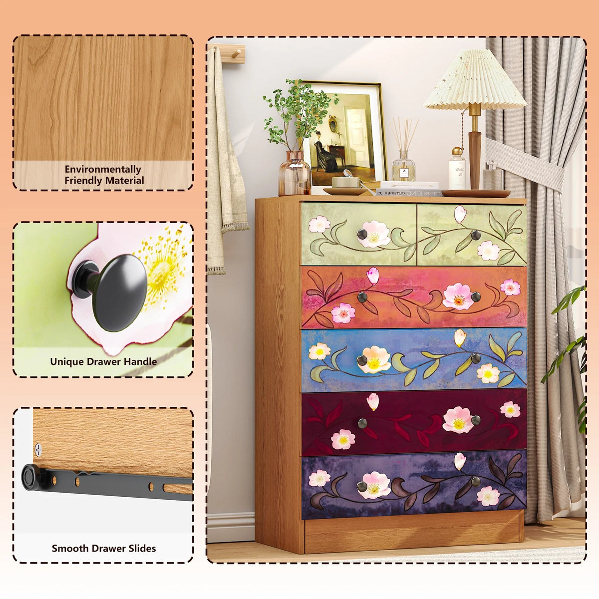 Ktaxon Wood 6-Drawer Dresser Organizer for Bedroom Storage Tower for Entryway Hallway Closet, Tall Chest Organizer Unit with Wood Bins, Floral Painted Wooden