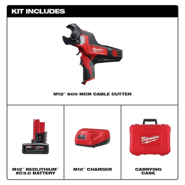 M12 12V Lithium-Ion Cordless 600 MCM Cable Cutter Kit with One 3.0Ah Battery, Charger and Hard Case