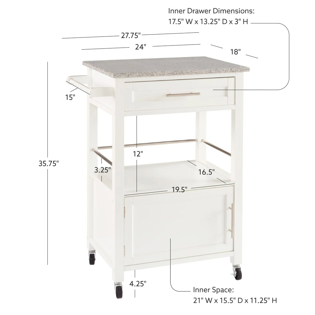 Linon Monett 2-Tier Mobile Serving Cart with Gray Granite Top, 27.75" Length, White
