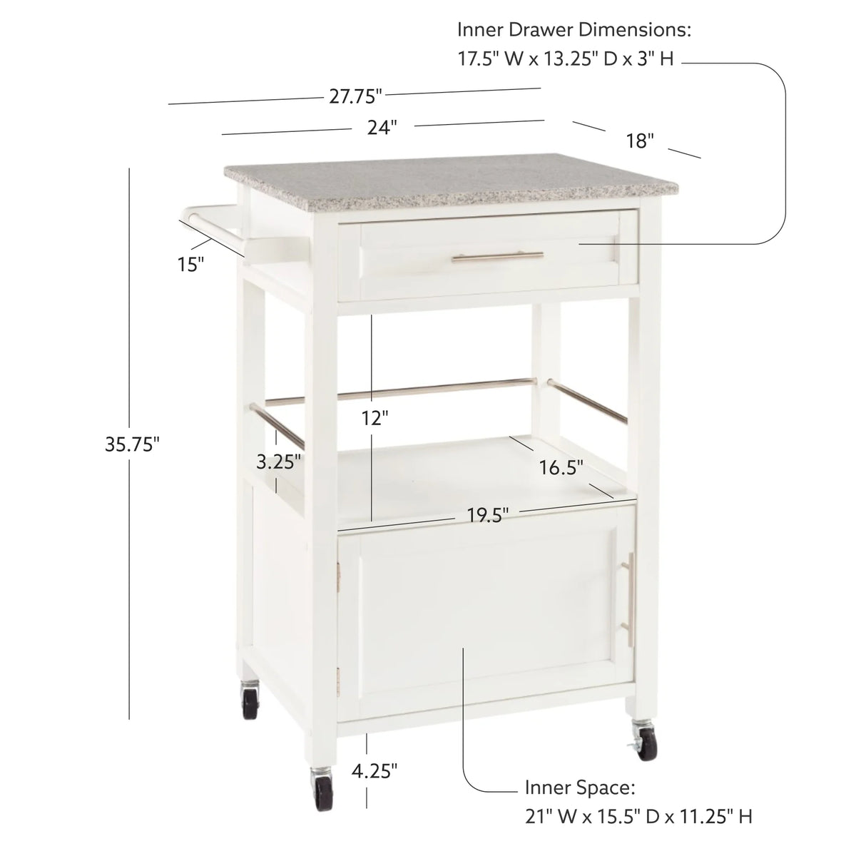 Linon Monett 2-Tier Mobile Serving Cart with Gray Granite Top, 27.75" Length, White