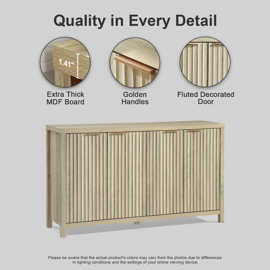 OAKHAM Fluted Sideboard Buffet Cabinet with 4 Doors, Storage Credenza with Adjustable Shelves, Modern Accent Cabinet Console, Sunwashed Ash Oak