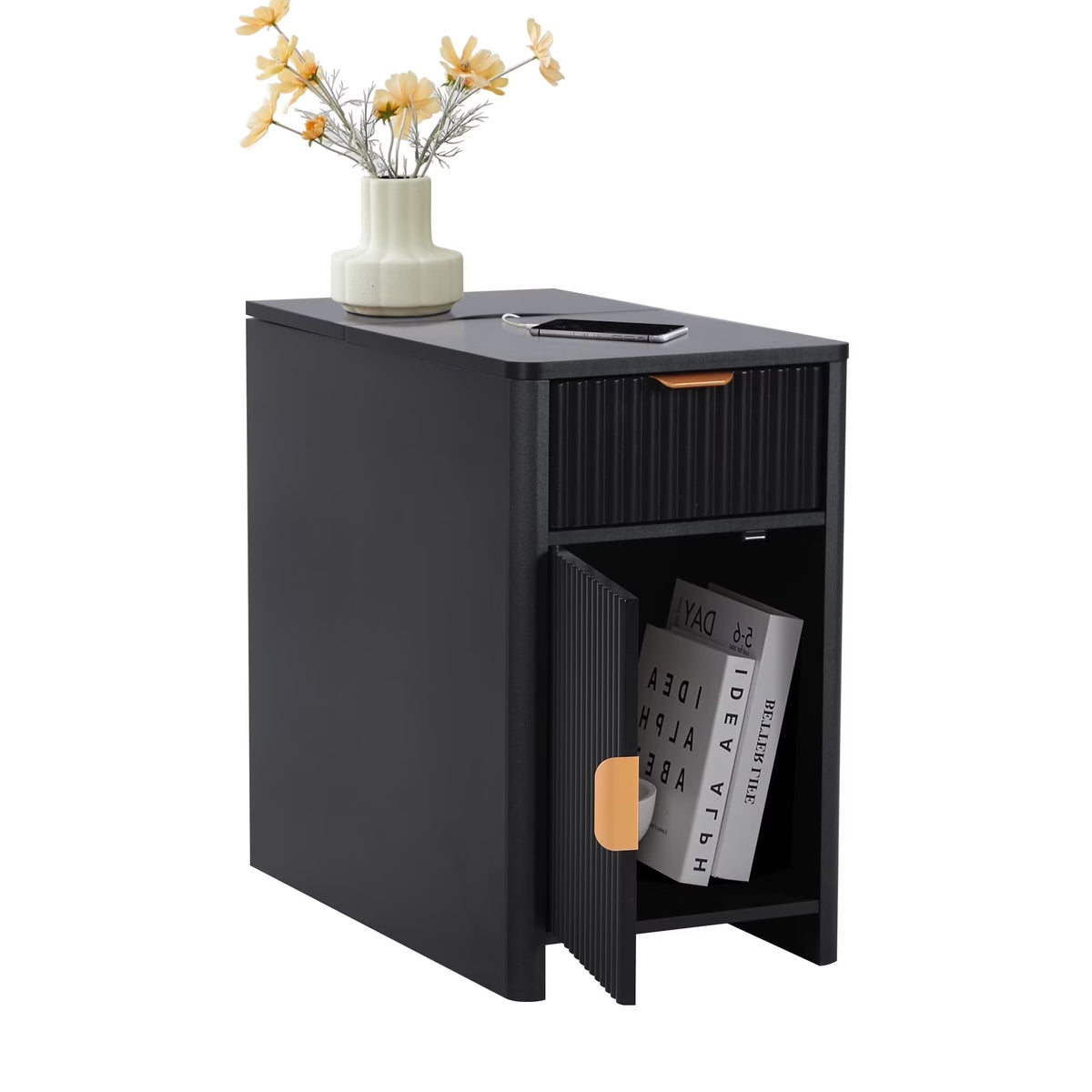 YOCWO Fluted Nightstand for Bedroom Set of 2 , Wood Bedside Table Set of 2 with Drawers, Black
