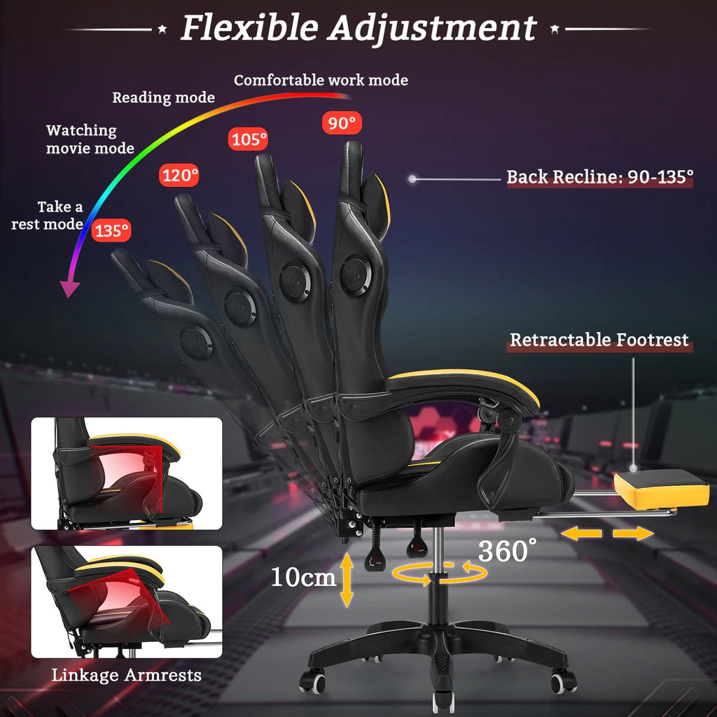 Hoffree Gaming Chair with Bluetooth Speakers and Footrest Massage Office Chair with LED Lights Ergonomic Game Chair High Back with Lumbar Support and Headrest Adjustable Swivel for Adults 300lb