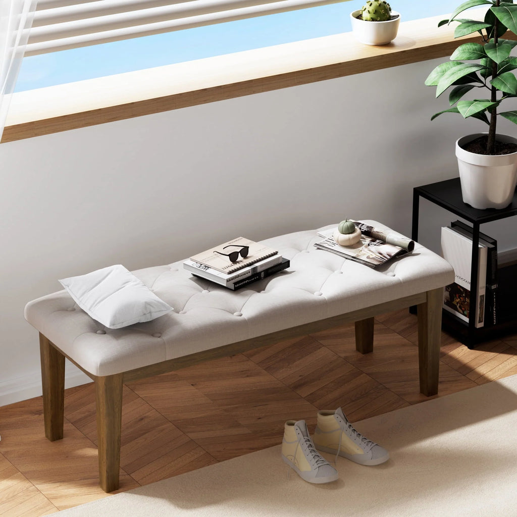 HUIMO Button-Tufted Bench for End of Bed, Entryway Bench with Upholstered Linen Fabric, Ottoman Bench for Living Room,Dining Bench for Kitchen(Beige)