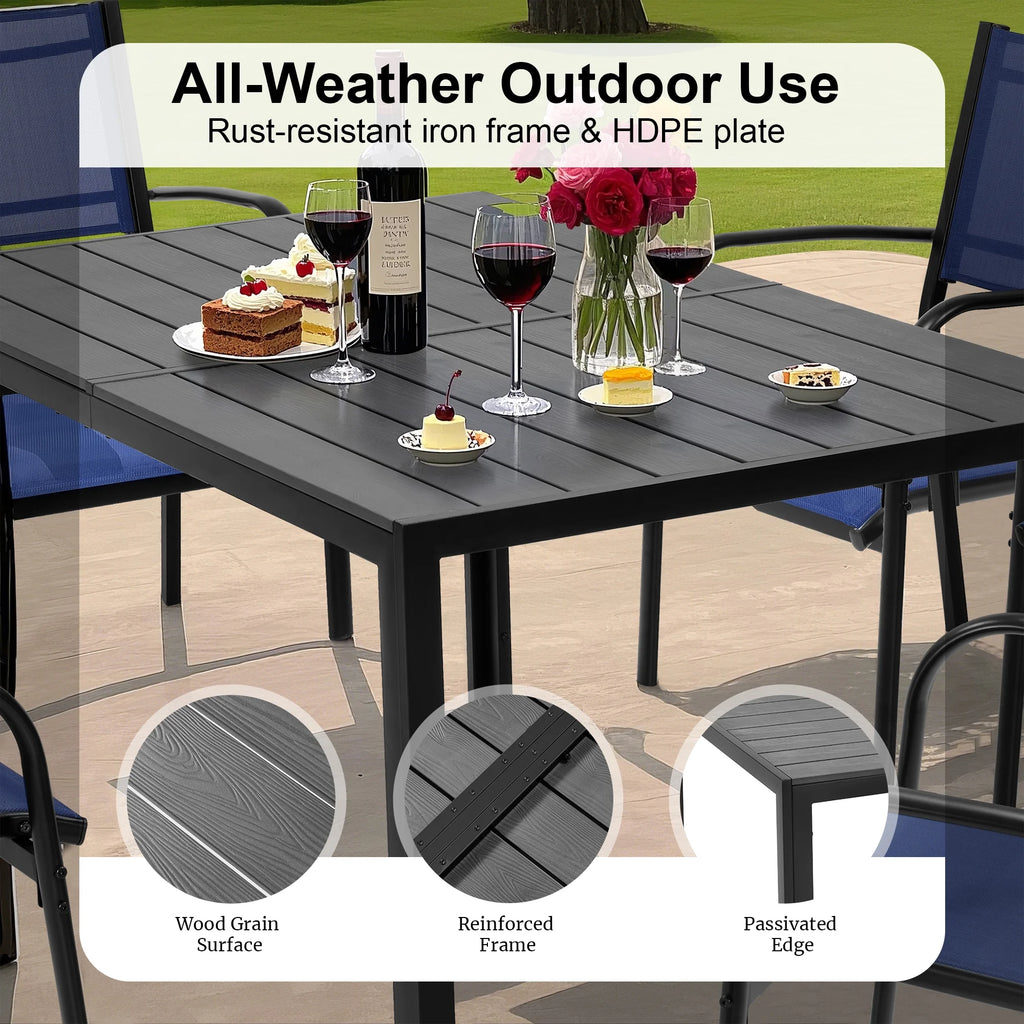 Seizeen 7-Piece Outdoor Table and Chairs, Patio Table Set with 6 Rattan Chairs, All-weather Outdoor Patio Dining Sets Rectangular Metal Table with Acacia Wood Top, Umbrella Hole, Gray
