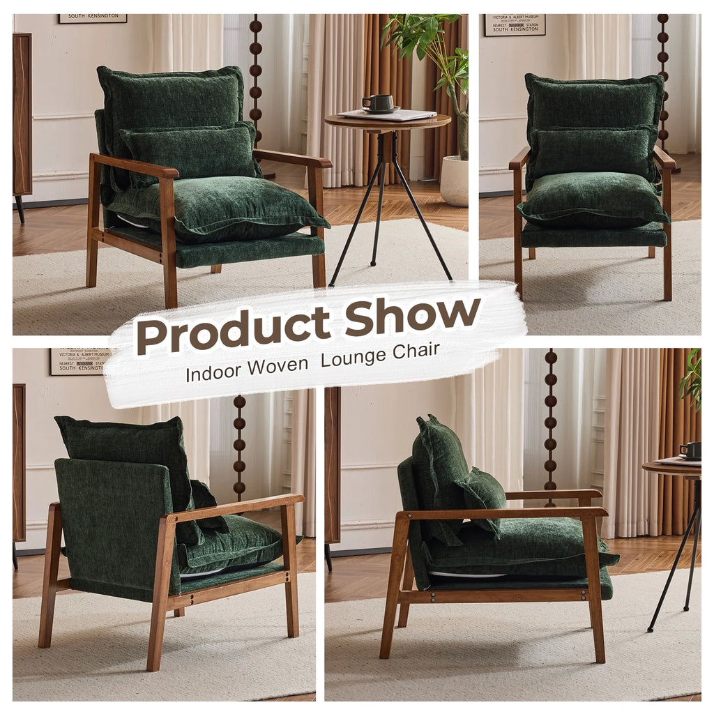 Ktaxon Chenille Accent Chair, Solid Wood Armrests Armchair, Metal Frame for Stability, Single Sofa with Comfortable Cushions and Lumbar Pillow Beige