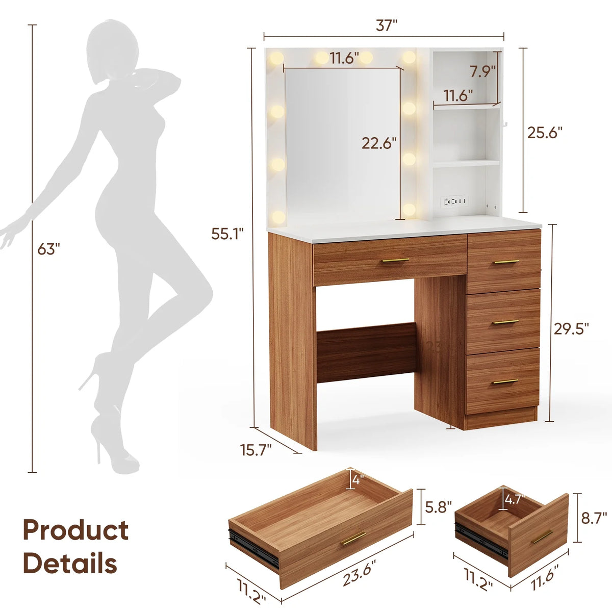 Makeup Vanity with Mirror and 3 Color Lights,Vanity Dressing Table with USB Charging Station,4 Drawers,Open Storage Shelves,White