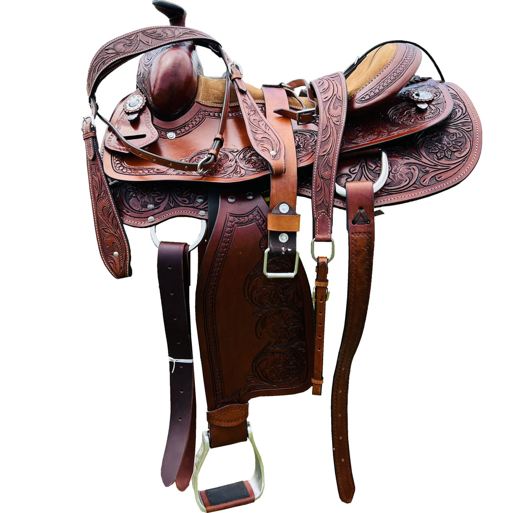 Resistance Western Horse Pleasure Adult Saddle with Floral Tooled - Genuine Leather 15" 16" 17" 18" & 20" With Free Tack Set