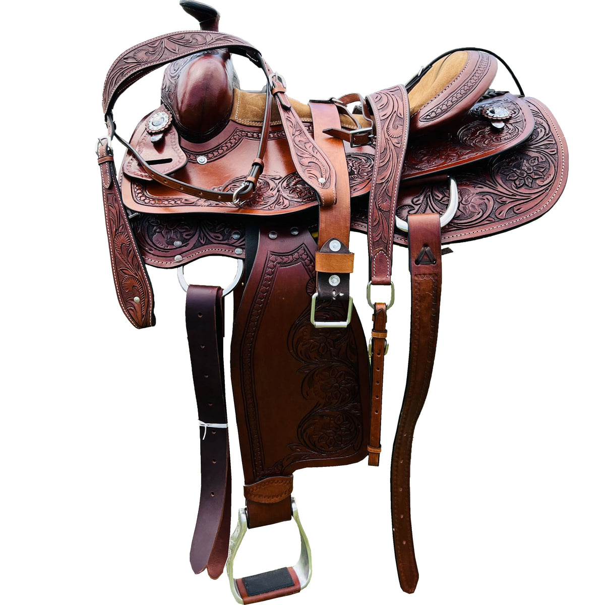 Resistance Western Horse Pleasure Adult Saddle with Floral Tooled - Genuine Leather 15" 16" 17" 18" & 20" With Free Tack Set