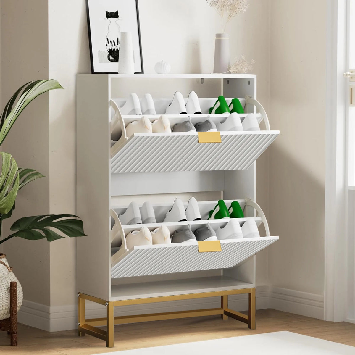Oubayajia Modern Shoe Storage Cabinet, Wood Shoe Rack Organizer with 2 Flip Drawers, Freestanding Narrow Shoe Cabinet for Entryway Hallway, Natural