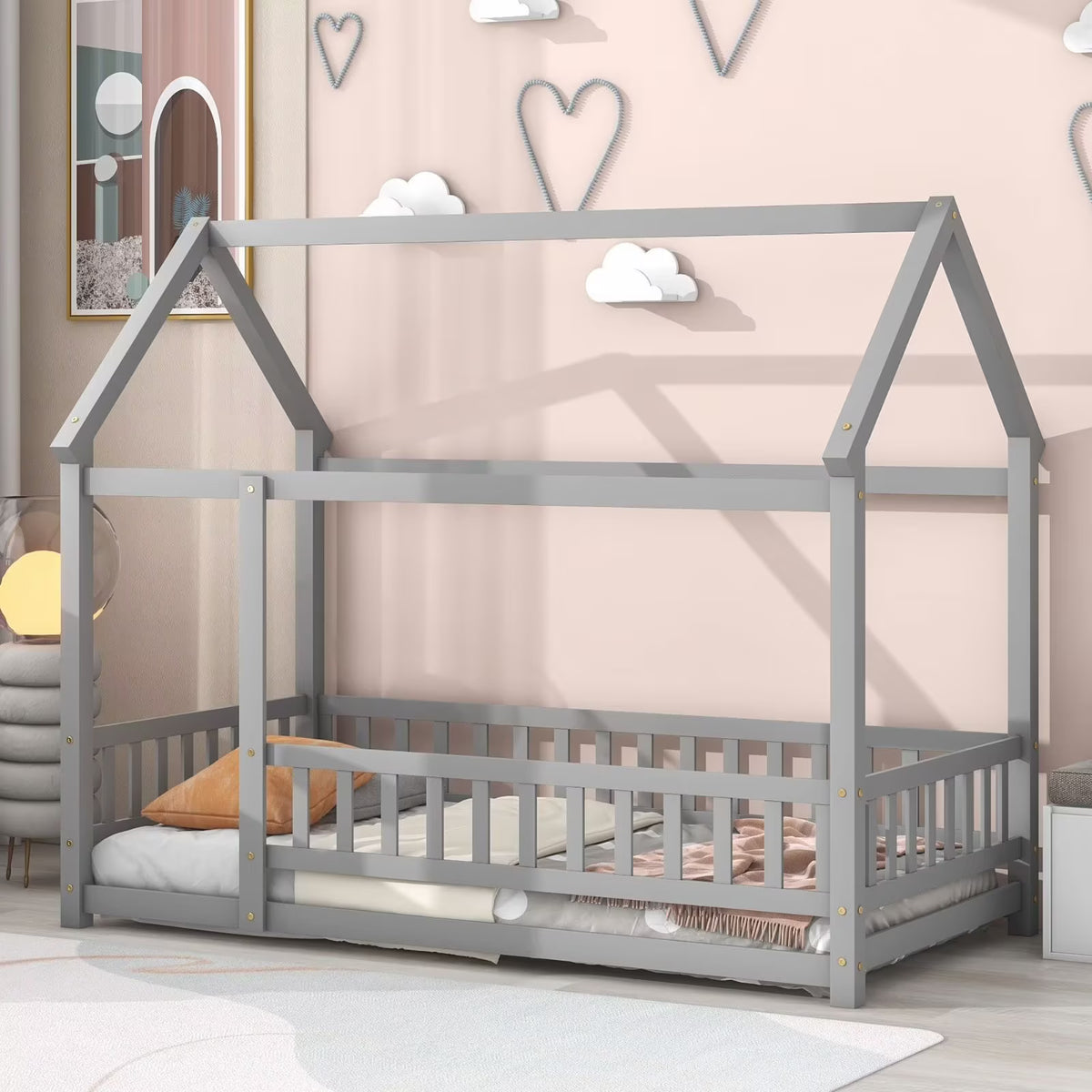 Twin Size House Bed for Boys and Girl, Wooden Canopy Bed Tent Bed, Playhouse Design Bed Frame with Full-lenth Guardrail, Bedroom Furniture, 79.5��L x 44.8��W x 66.2��H, White