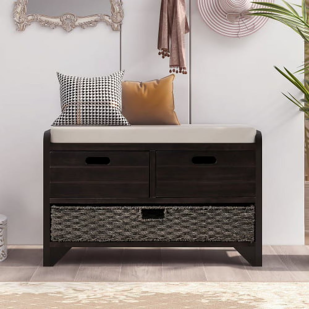 Solid Wood Storage Bench, Narrow Entryway Bench with 2 Drawers and Removable Basket, Classic Accent Shoe Bench with Storage and Removable Cushion for Hallway Living Room, Fully Assembled, Navy