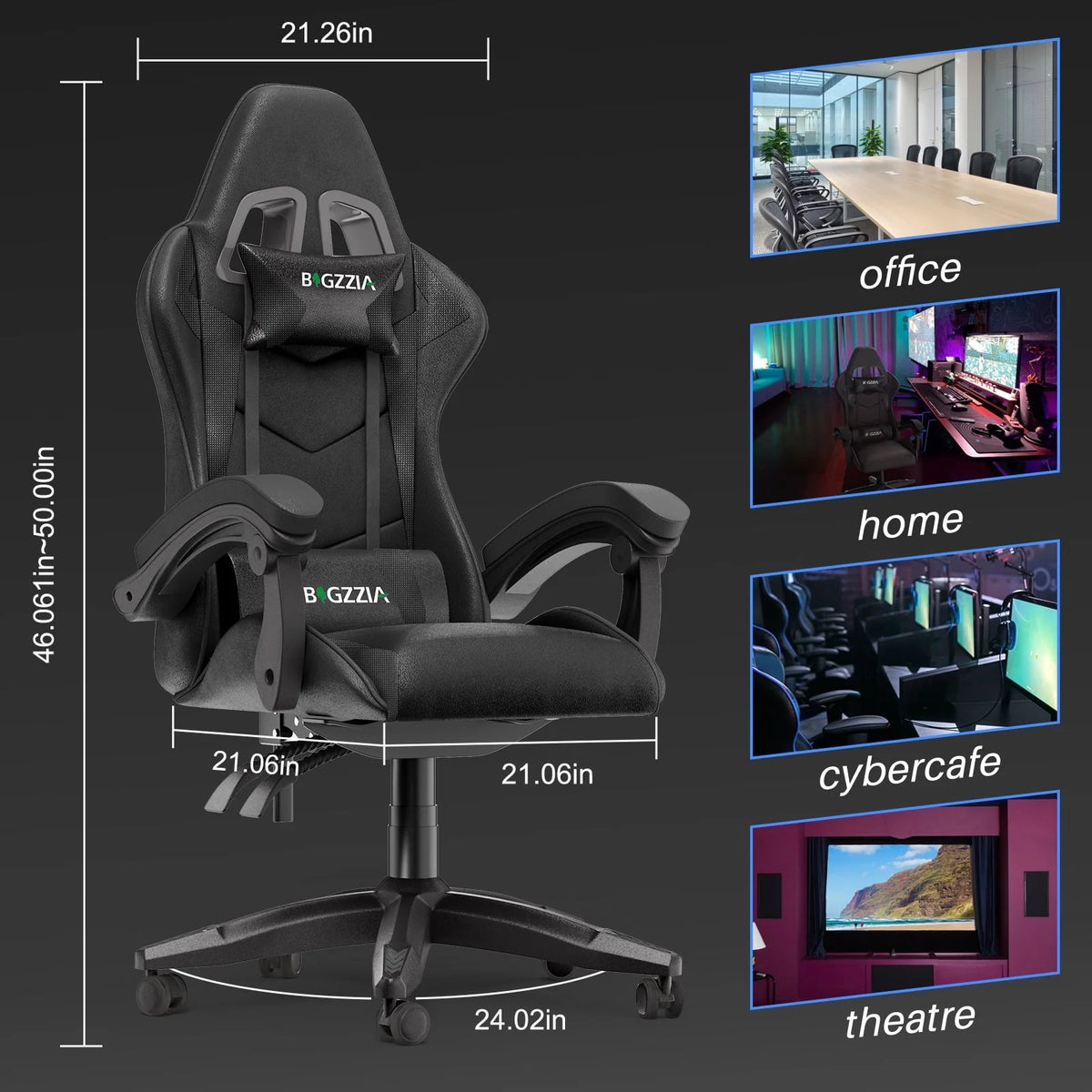 Bigzzia Gaming Chair Office Chair, Ergonomic Game Chair with Headrest & Lumbar Pillow, Black