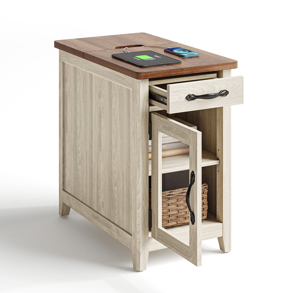 LINSY HOME End Tables for Living Room with Charging Station, Nightstand for Bedroom with Drawer and Detachable Holder,Washed Grey & Brown