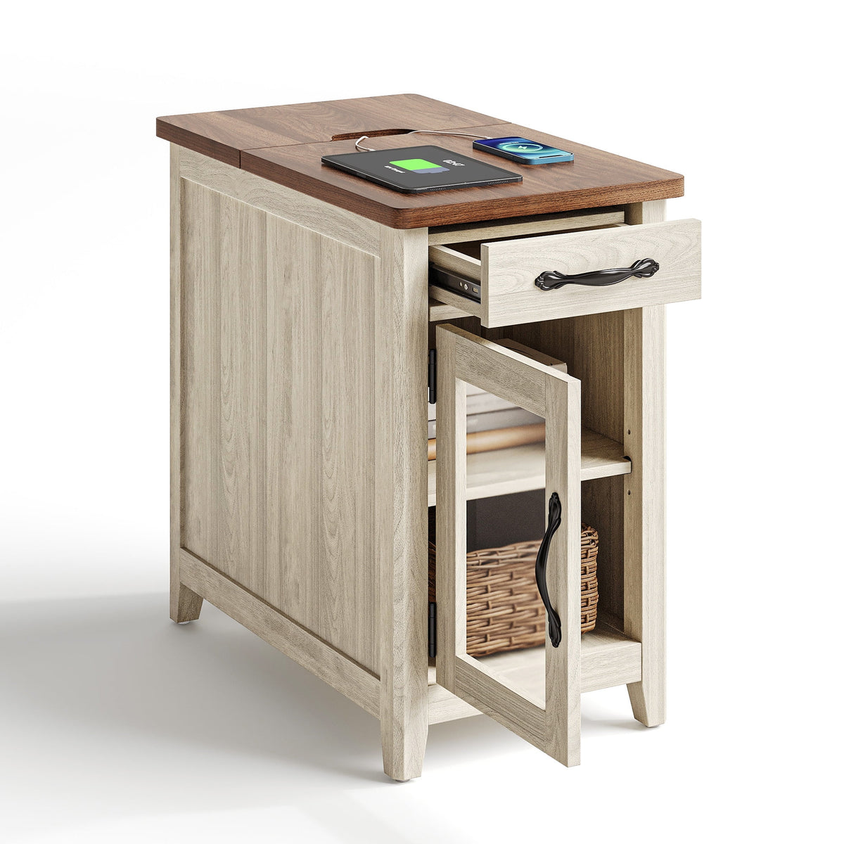 LINSY HOME End Tables for Living Room with Charging Station, Nightstand for Bedroom with Drawer and Detachable Holder,Washed Grey & Brown