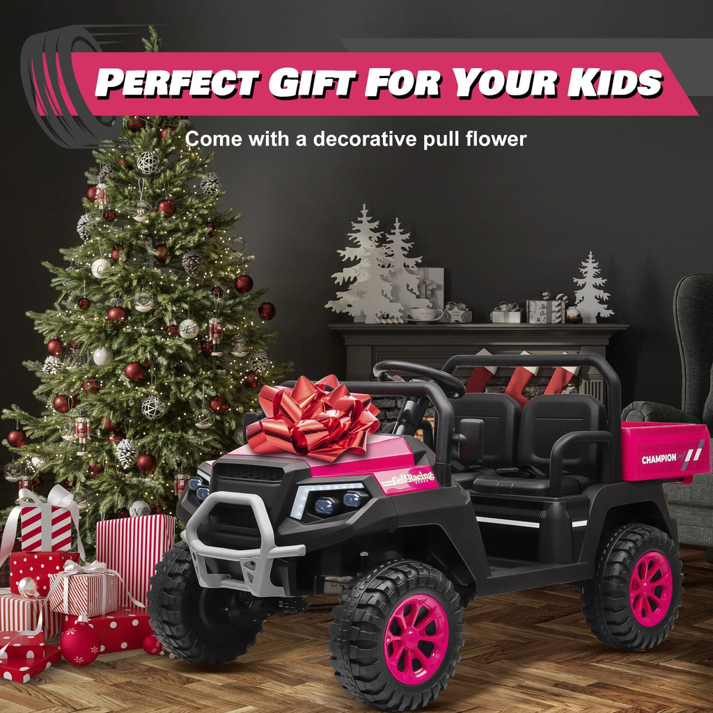 Joyracer 4WD 24 Volt Ride on Toys UTV with 2 Seater & Remote Control, Kids Electric Golf Cart w/ 4x200W Power Motors, Tiltable Trailer & Shovel, 4 Wheels Spring Suspension, Bluetooth USB Music, Black