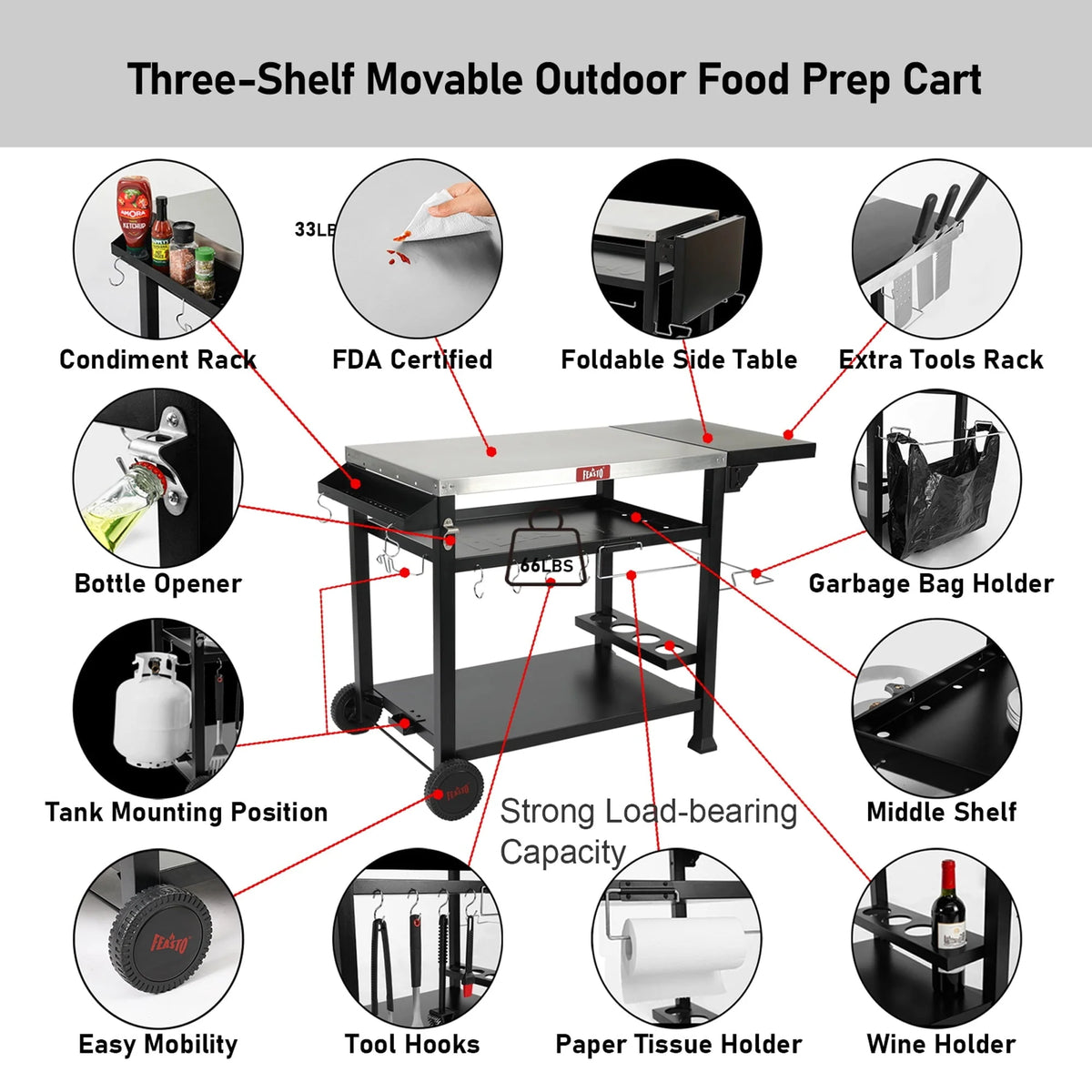 FEASTO L50" Stainless Steel Table Top 3-Shelf Movable Food Prep Cart Table  Workbench