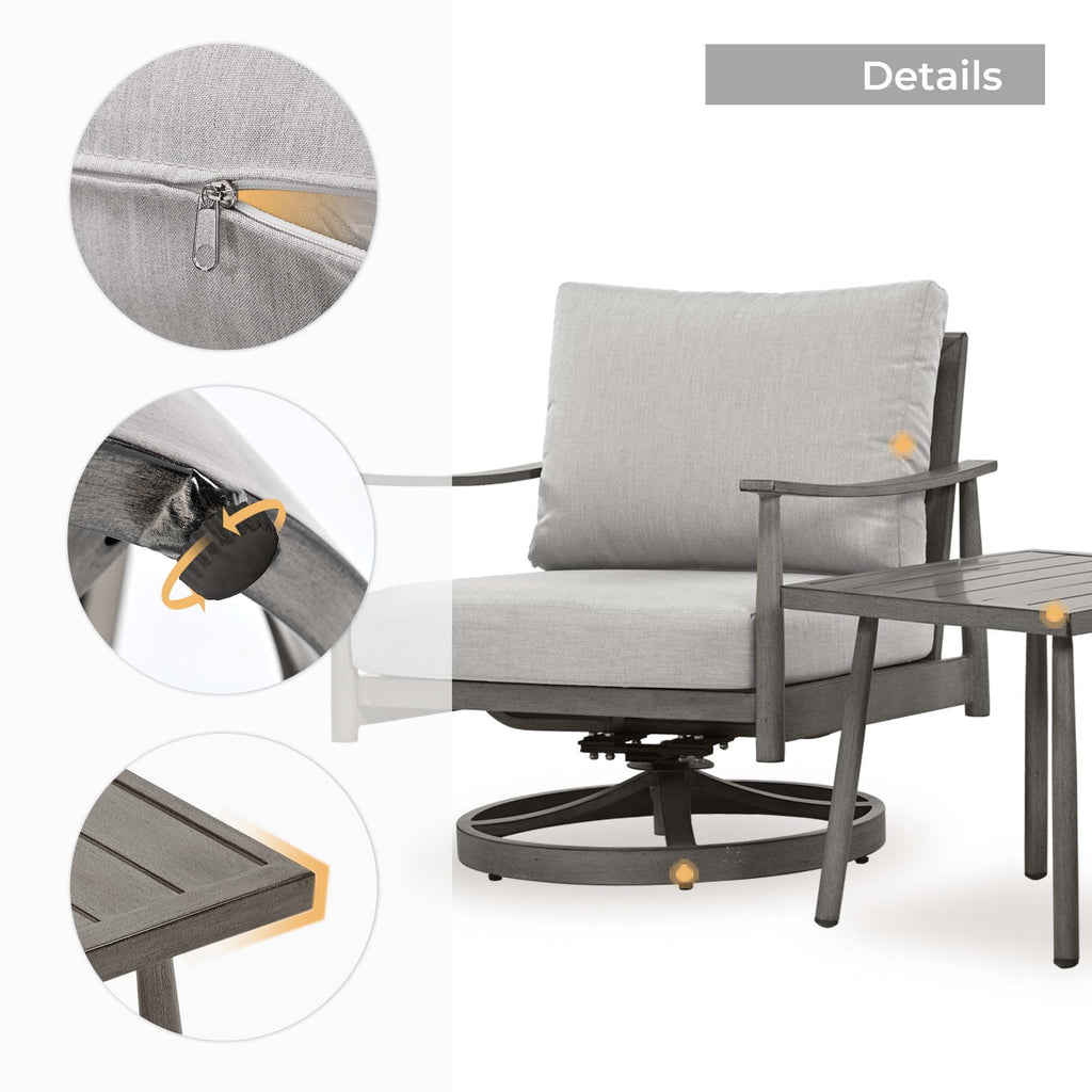 HAPPATIO Aluminum Outdoor Furniture Set - 5 Pieces Patio Furniture Set Includes 1 Side Table, 2 Swivel Chairs and 2 Ottomans with Thick Cushion, Patio Conversation Set for Backyard Poolside (Grey)