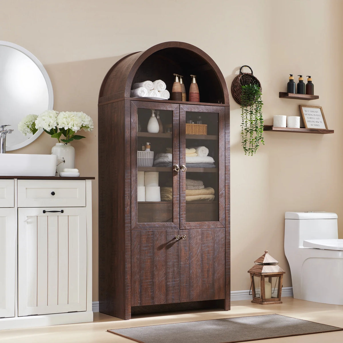 IFGET 71-Inch Arched 4-Tier Bookcase with Glass Doors and Drawers
