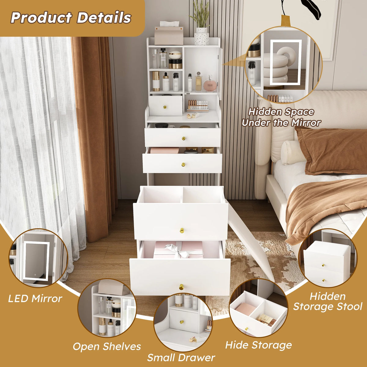 Montary Modern Mini Vanity w/Adjustable LED Mirror + Hidden Storage, Padded Stool & Dustproof Shelves (White)