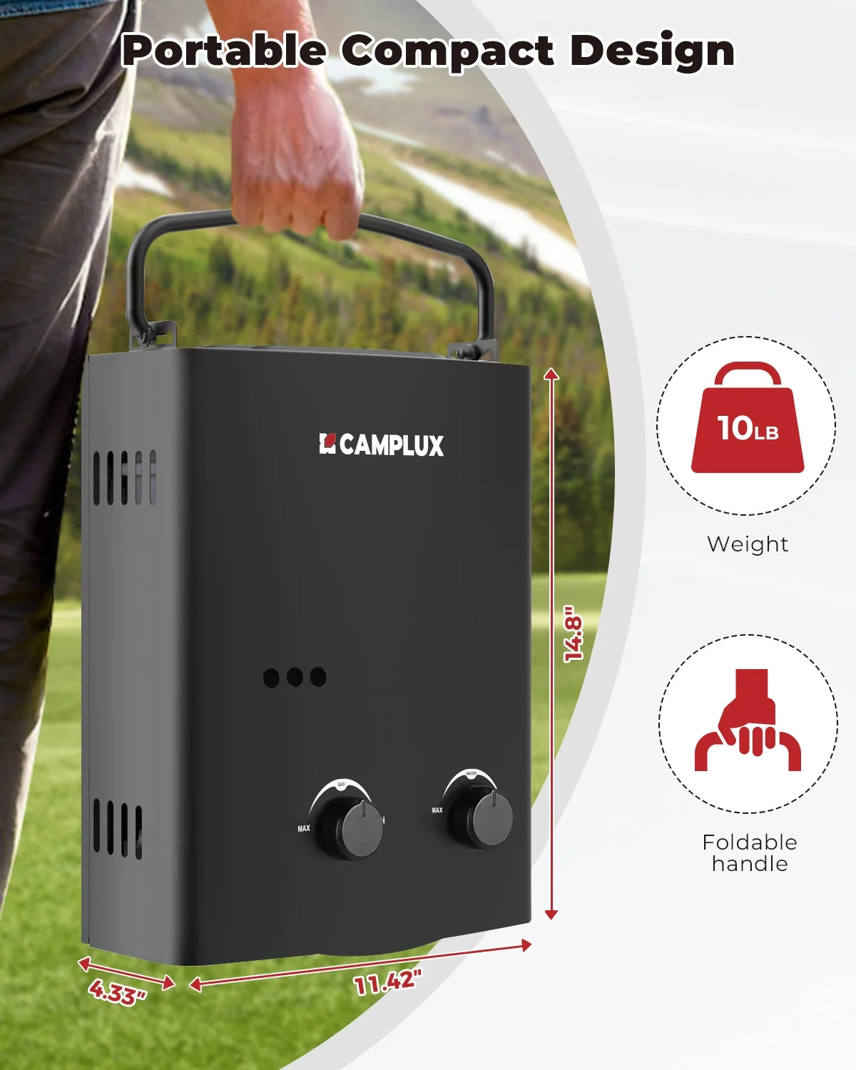 CAMPLUX Portable 1.32 GPM 34,000 BTU Propane Tankless Water Heater for Outdoor