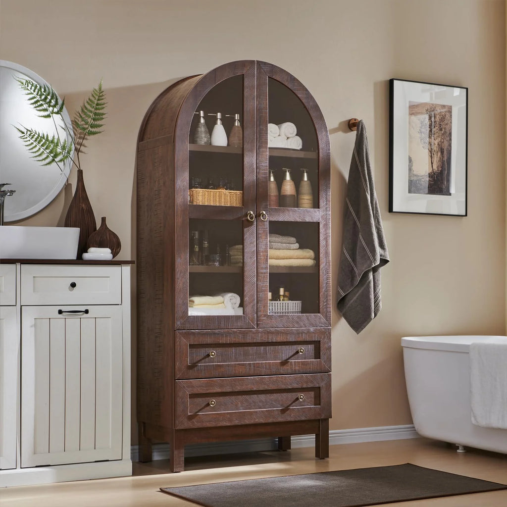IFGET 71-Inch Arched 4-Tier Bookcase with Glass Doors and Drawers