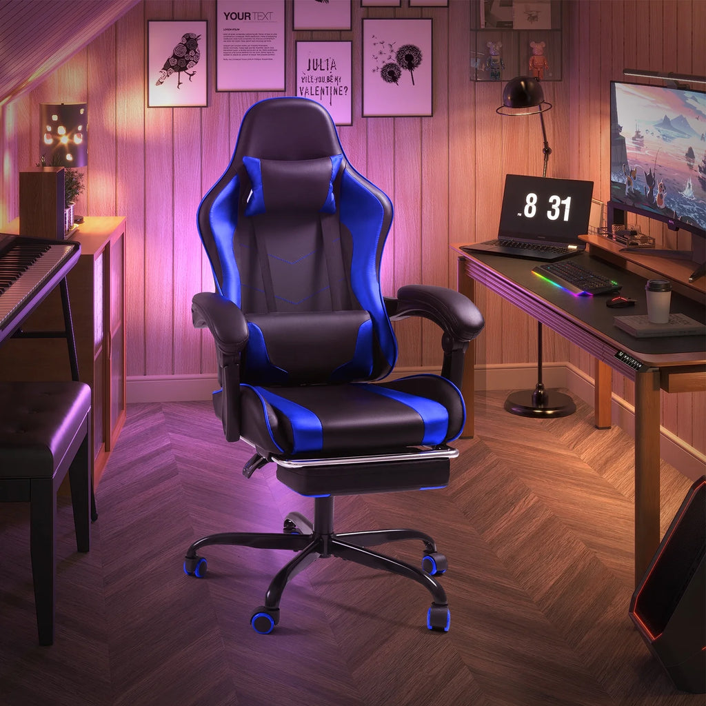Lacoo PU Leather Gaming Chair Massage Ergonomic Gamer Chair Height Adjustable Computer Chair with Footrest & Lumbar Support, White