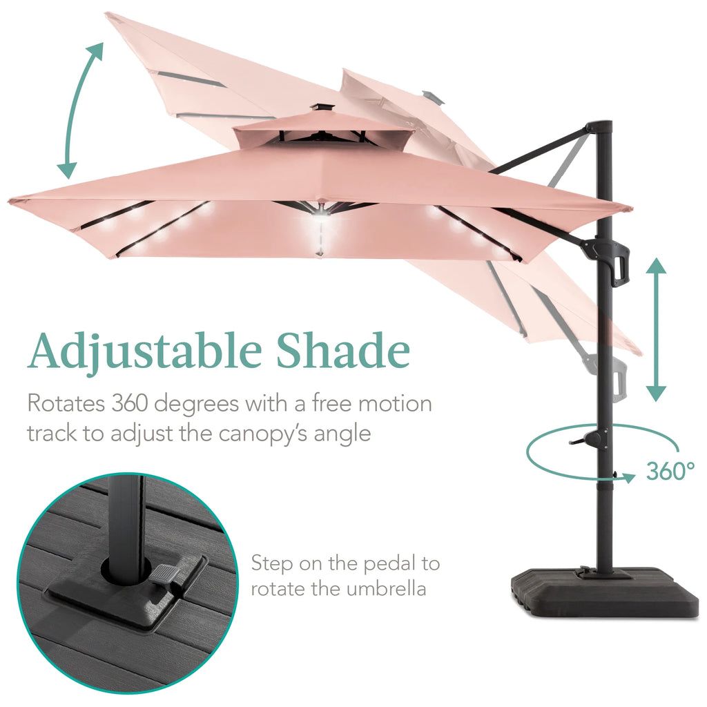 Best Choice Products 10x10ft 2-Tier Square Outdoor Solar LED Cantilever Patio Umbrella w/ Base Included - Tan