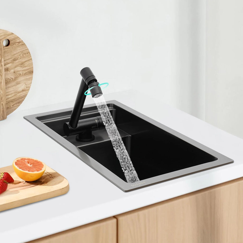Modern Drop in Bar Sink, Single Bowl Kitchen Sink with Foldable Faucet, Black Nano 304 Stainless Steel Utility Sink for Compact Kitchen Commercial Hotel RV Laundry