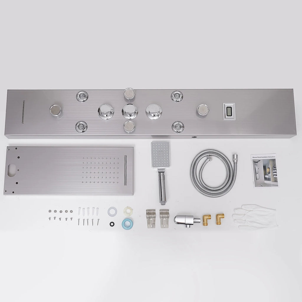 8-Jet Rainfall Shower Panel System with Rainfall Waterfall Shower Head and Shower Wand in chrome Nickel