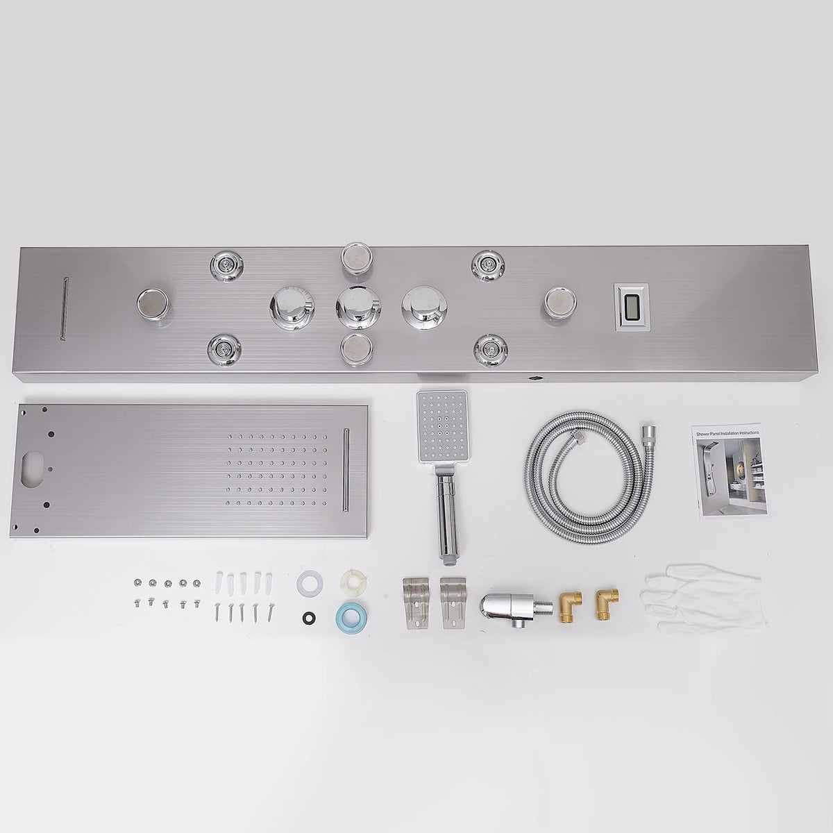 8-Jet Rainfall Shower Panel System with Rainfall Waterfall Shower Head and Shower Wand in chrome Nickel