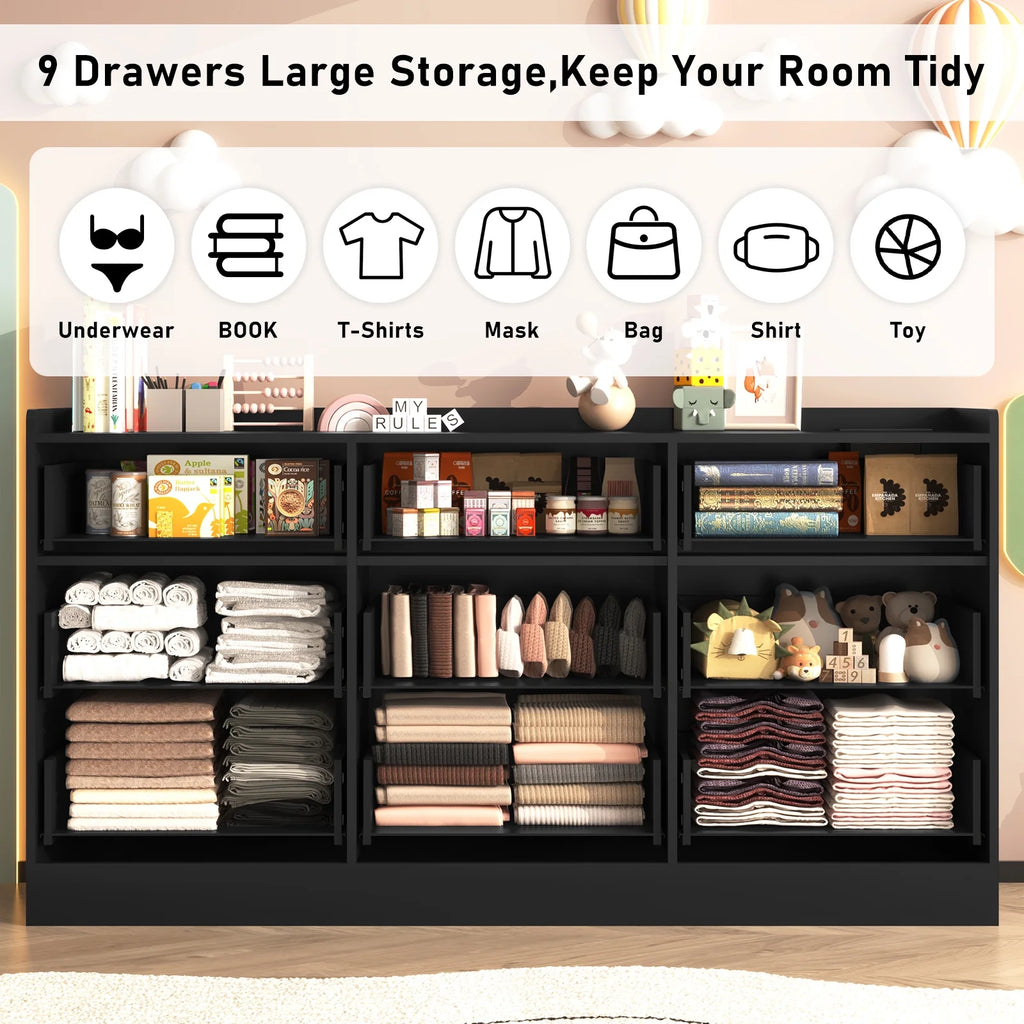 9 Drawer Dresser for Bedroom with Power Outlet, 63" Large Dresser with LED Light, Wooden Dresser For Closet, Chest of Drawers with Raised Edges