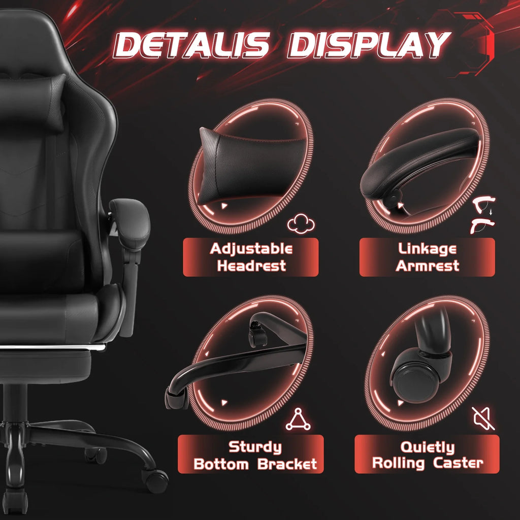 Lacoo PU Leather Gaming Chair Massage Ergonomic Gamer Chair Height Adjustable Computer Chair with Footrest & Lumbar Support, White
