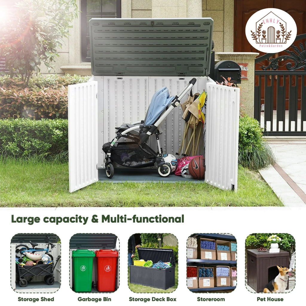 EHHLY Horizontal Resin Storage Shed, 47 Cuft Garden Tool Sheds & Outdoor Storage, Outdoor Plastic Storage Cabinet Waterproof, 4.5 x 2.8 ft Backyard Outside Lawn Mower Storage Shed, Vanilla