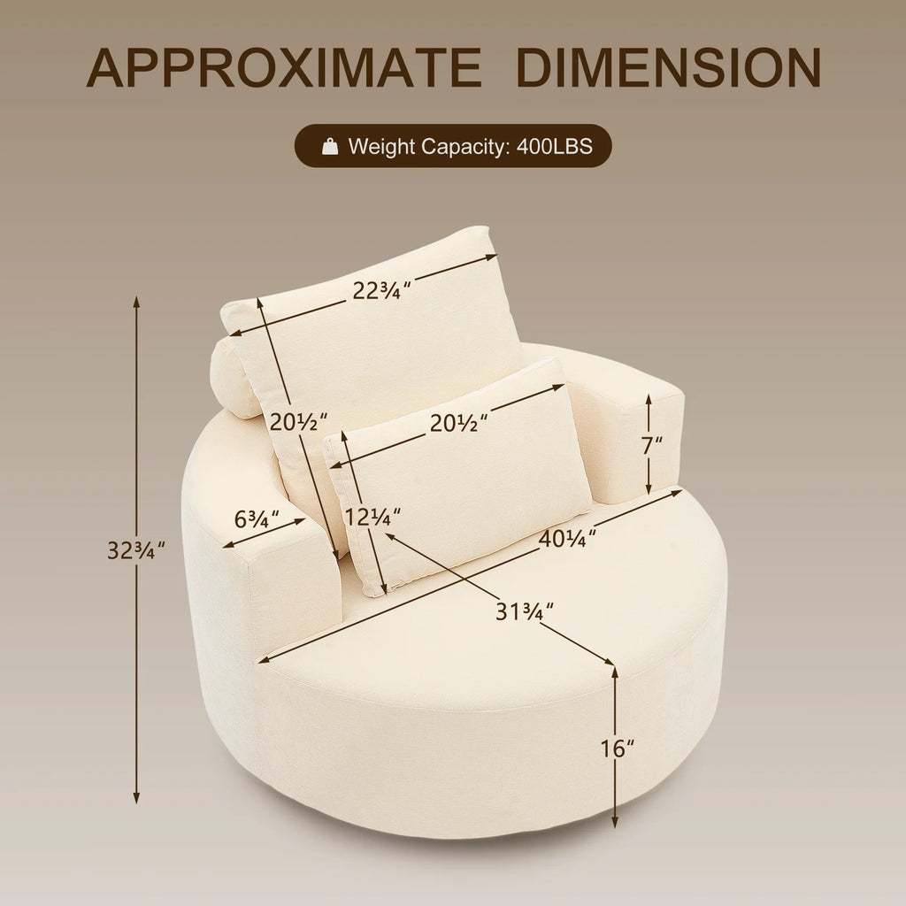 Fumahaus Upholstered Swivel Accent Chair, Oversized Comfy Round Sofa Chair with Two Pillows, Leisure Sofa Chair for Living Room Bedroom, Beige