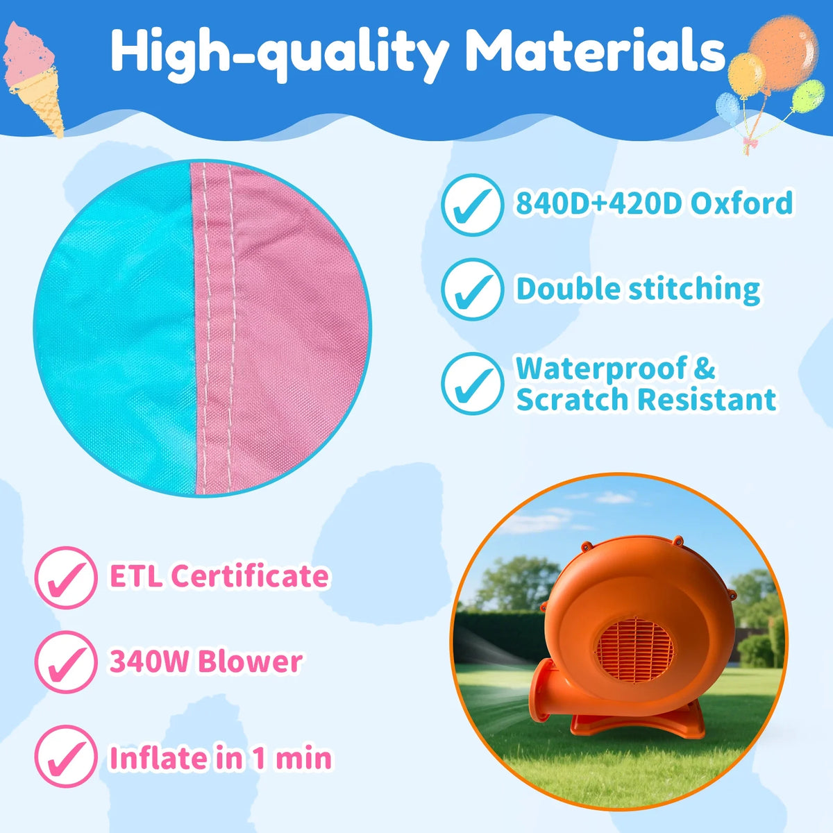 Mukidy 114''x 114'' x 92.5'' Inflatable Bounce Houses for Kids 3-10 with Blower Double Slide and Ball Pit/Indoor Bouncy House, PVC, Child, Teen, Toddler，Blue