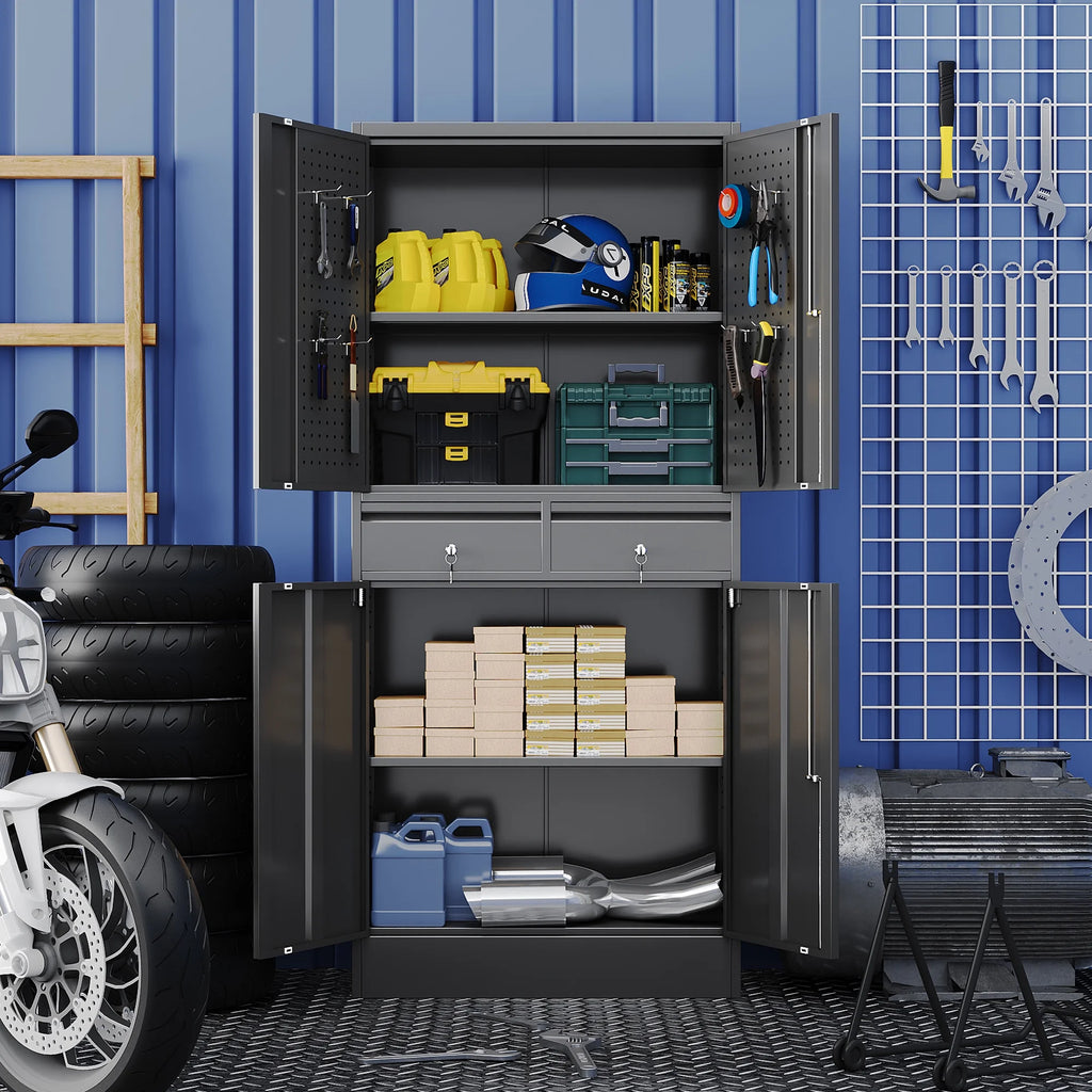 Aobabo 71.41''H Metal Garage Storage Cabinet with Lockable Doors and Hanging Rod,Broom Closet Storage Cabinet with Pegboard and Adjustable Shelves for Home Office School,Required Assembly,Black