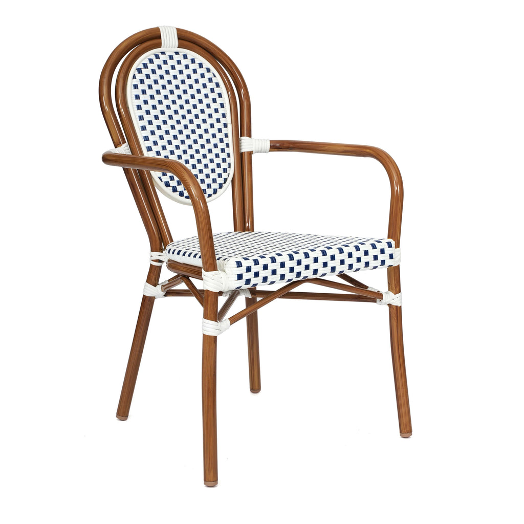 Merrick Lane Stacking Thonet French Bistro Style Chair with Arms, Black & White PE Rattan Seat, and Bamboo Finished Metal Frame for Indoor/Outdoor Use