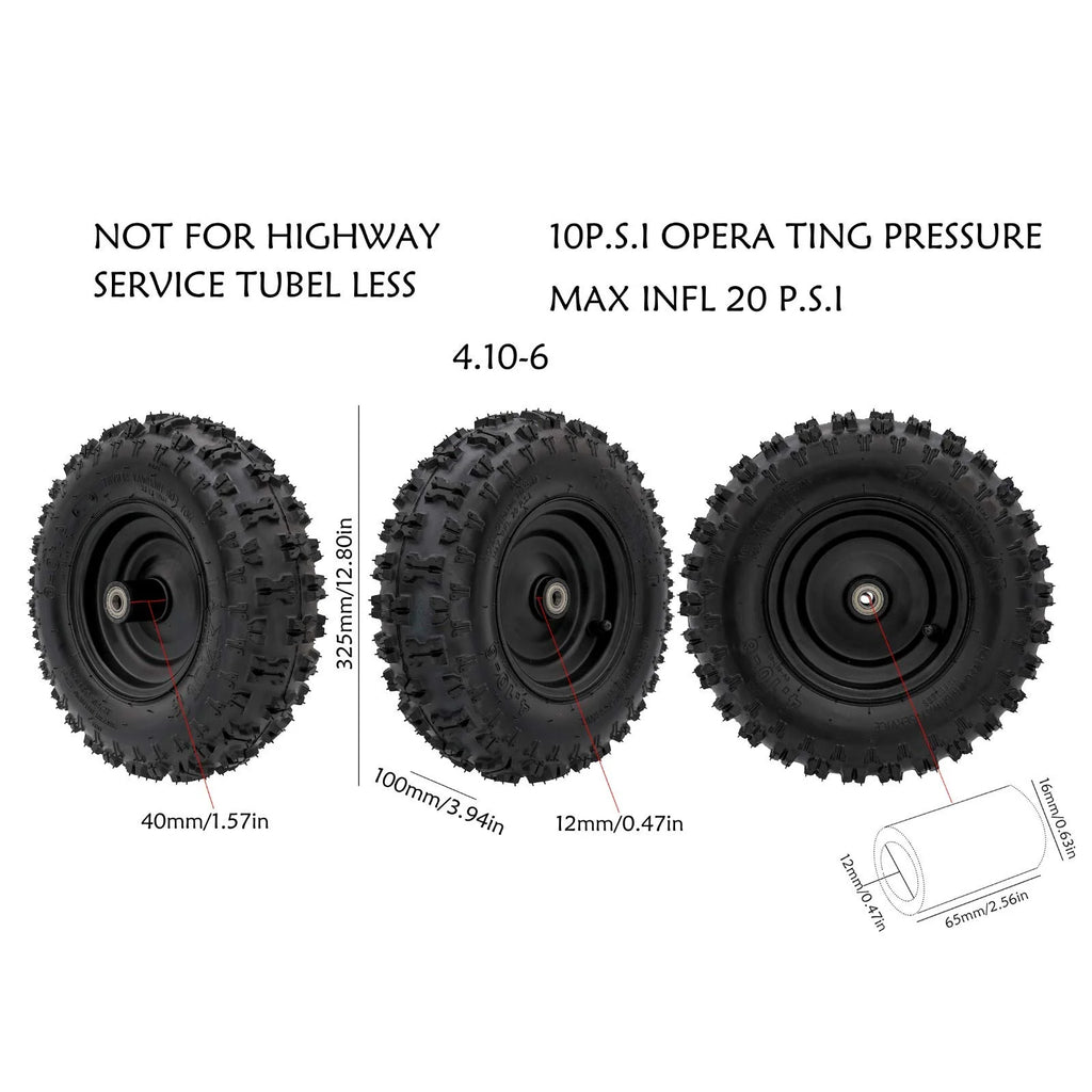 4pcs Front 4.10-6 Tires and Wheels Rims and 12mm Bearings 6" Go Kart Wheel 4.10x6 Tubeless Tire for ATV Quad Mini Bike Scooter Lawn Tractor Mower 4 Wheelers Drift Trike Snow Blower Wheelbarrow