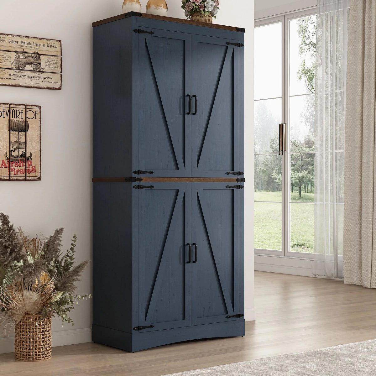 71" Tall Farmhouse Kitchen Pantry Cabinet, 5 Layers Storage Cabinet with Adjustable Shelves, Farmhouse Pantry Cabinet with 4 Barn Doors for Kitchen, Dining Room, Bathroom, Living Room, Rustic White