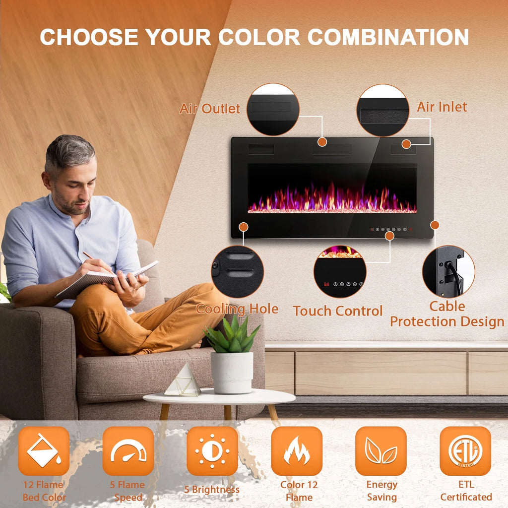 KISSAIR 60�� Indoor Electric Fireplace Ultra Thin Fireplace, Wall Mounted Recessed Fireplace with Multiple Colors