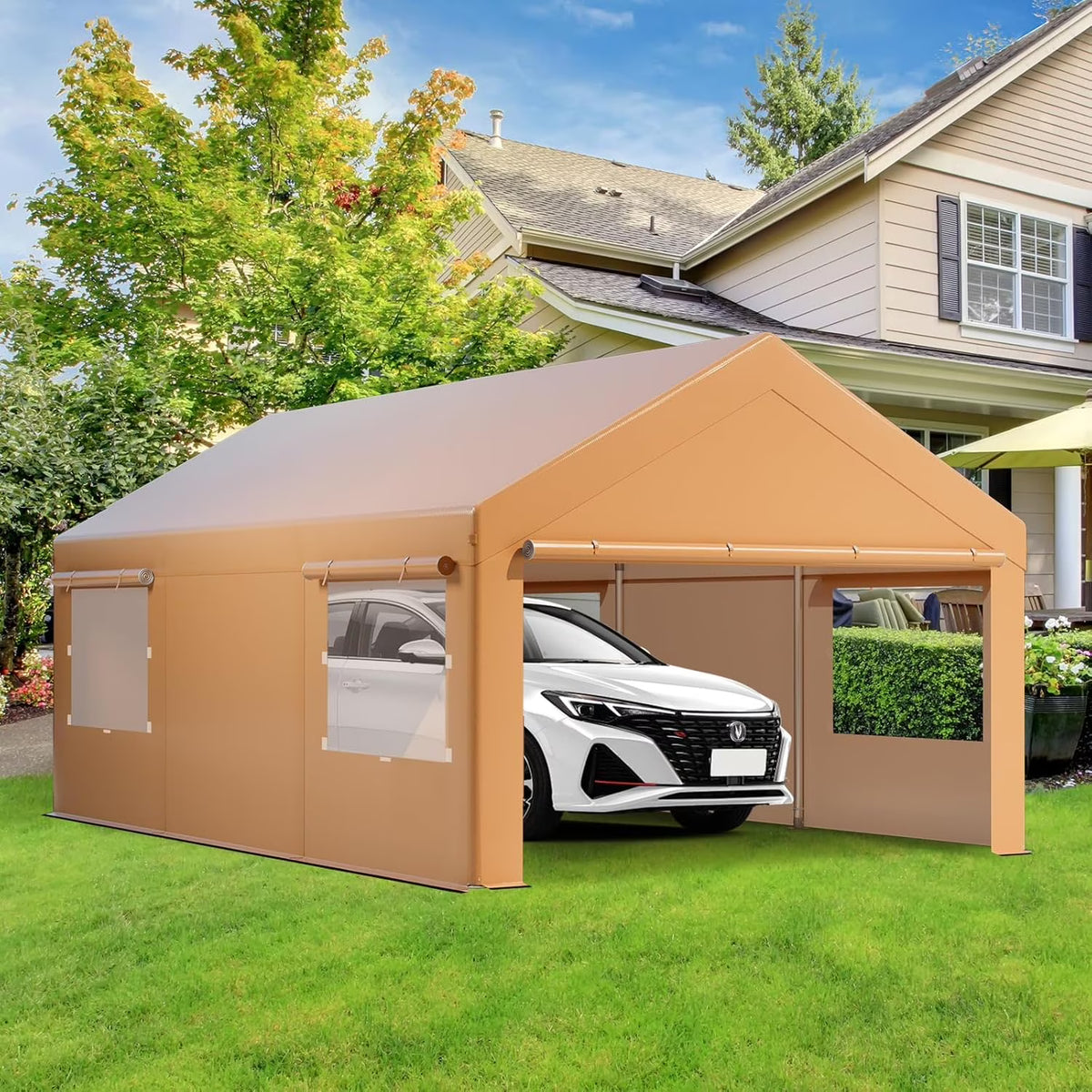Carport,10x20 ft Heavy Duty Carport with Roll-up Windows,Portable Garage with Sidewalls,Car Canopy,All-Season Portable Garage for Car Boat Truck Motorcycle Parties