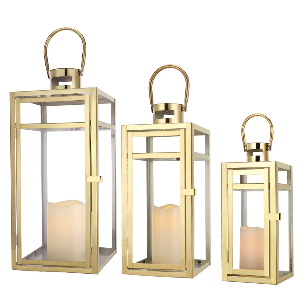 Stainless Steel Lantern Set of 3 12/15/19" Metal Lanterns with Tempered Glass for Parties & Events (Silver )