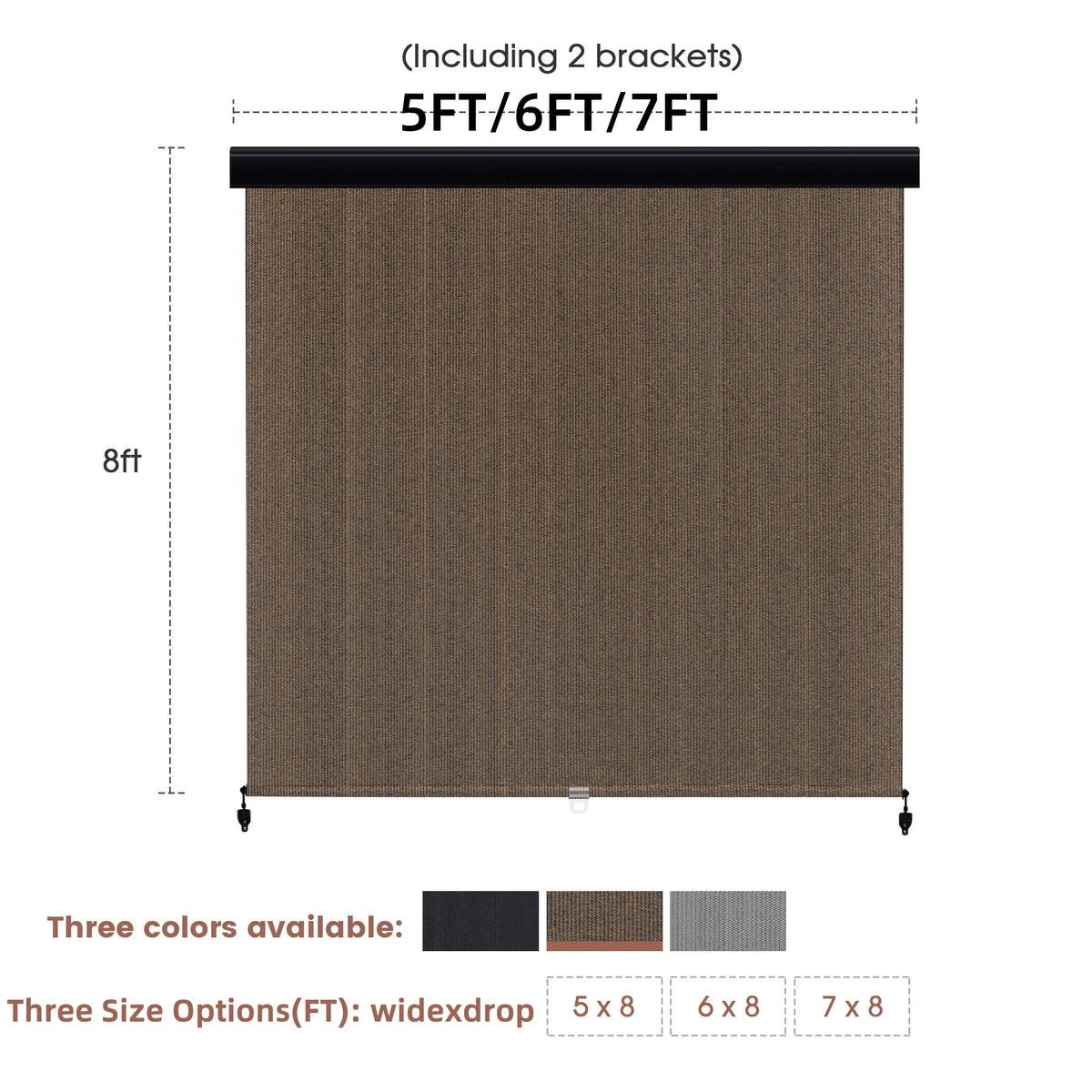Vicllax Outdoor Patio Blinds Sun Shades Spring Roller Shade with Valance for Patio, Gray, 8'Wx8'H