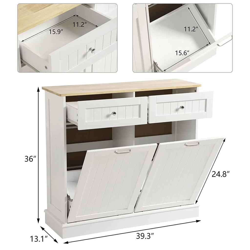 KIGOTY Dual Kitchen Trash Cabinet, Double Tilt Out Trash Can Cabinet with Countertop and Drawer, Free-Standing Pet Proof Recycling Cabinet Garbage Can Holder, Wood (White)