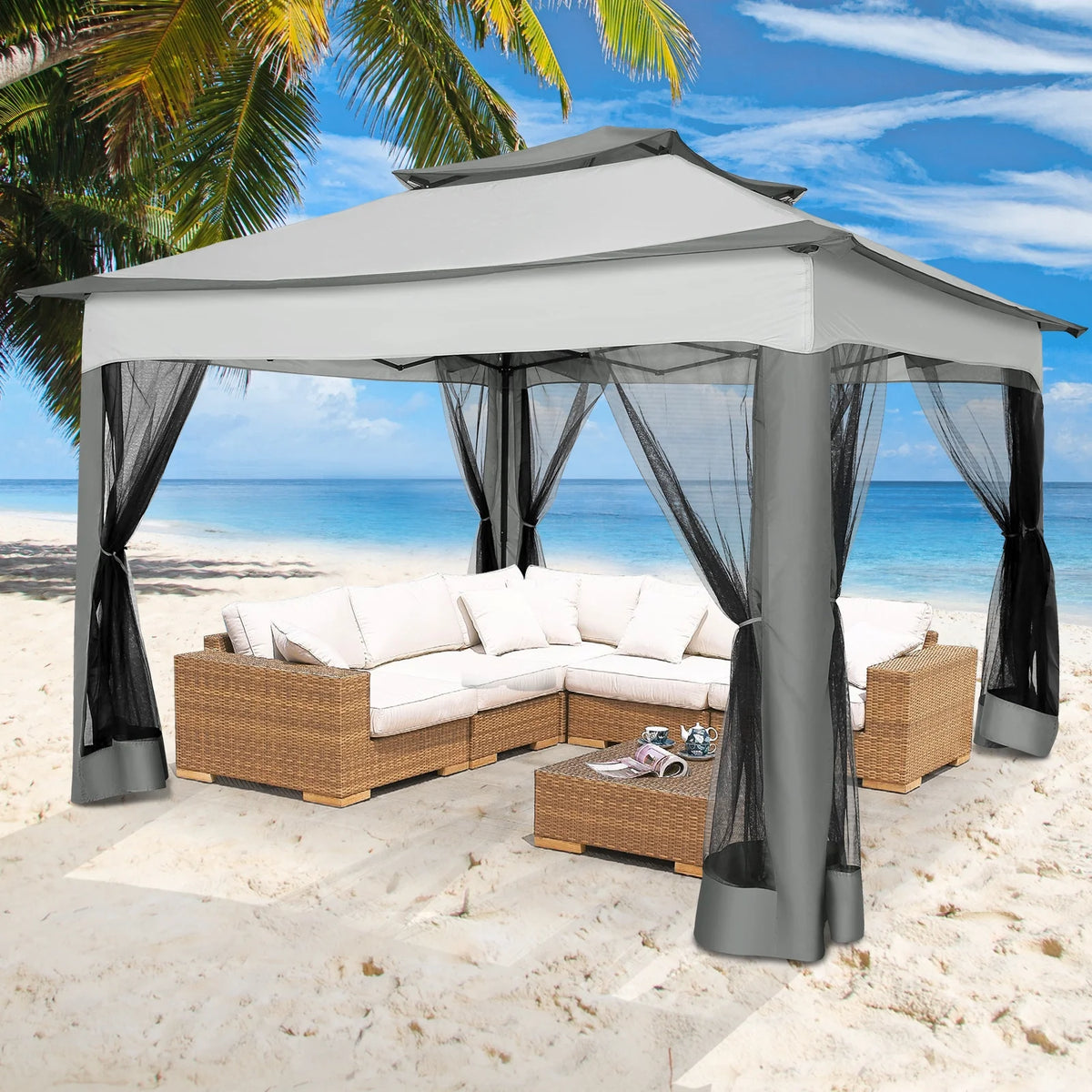 COBIZI 12x12 Outdoor Gazebo Pop Up Gazebo Canopy with Mosquito Netting Patio Tent Backyard Canopy with 2-Tiered Vented Top 3 Adjustable Height, Beige