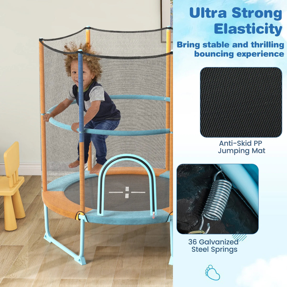 Infans 60" Trampoline for Kids w/Gymnastic Bar Rings Foamed Handle No Gap Design