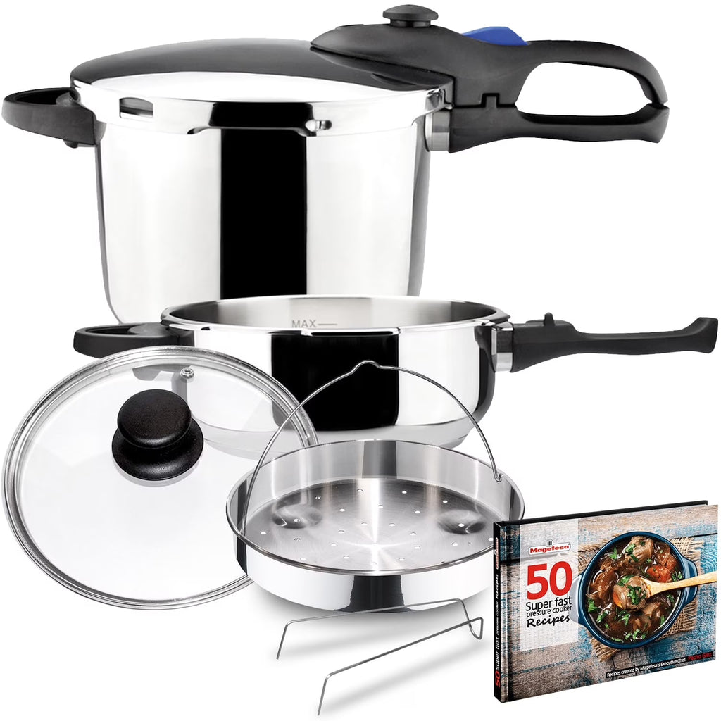 MAGEFESA Favorit Six Stainless Steel  Pressure Cooker Set, 3.2 Qt & 6.3 Qt, Induction Compatible �C Special Edition (Steam Basket, Lid & Recipe Book)