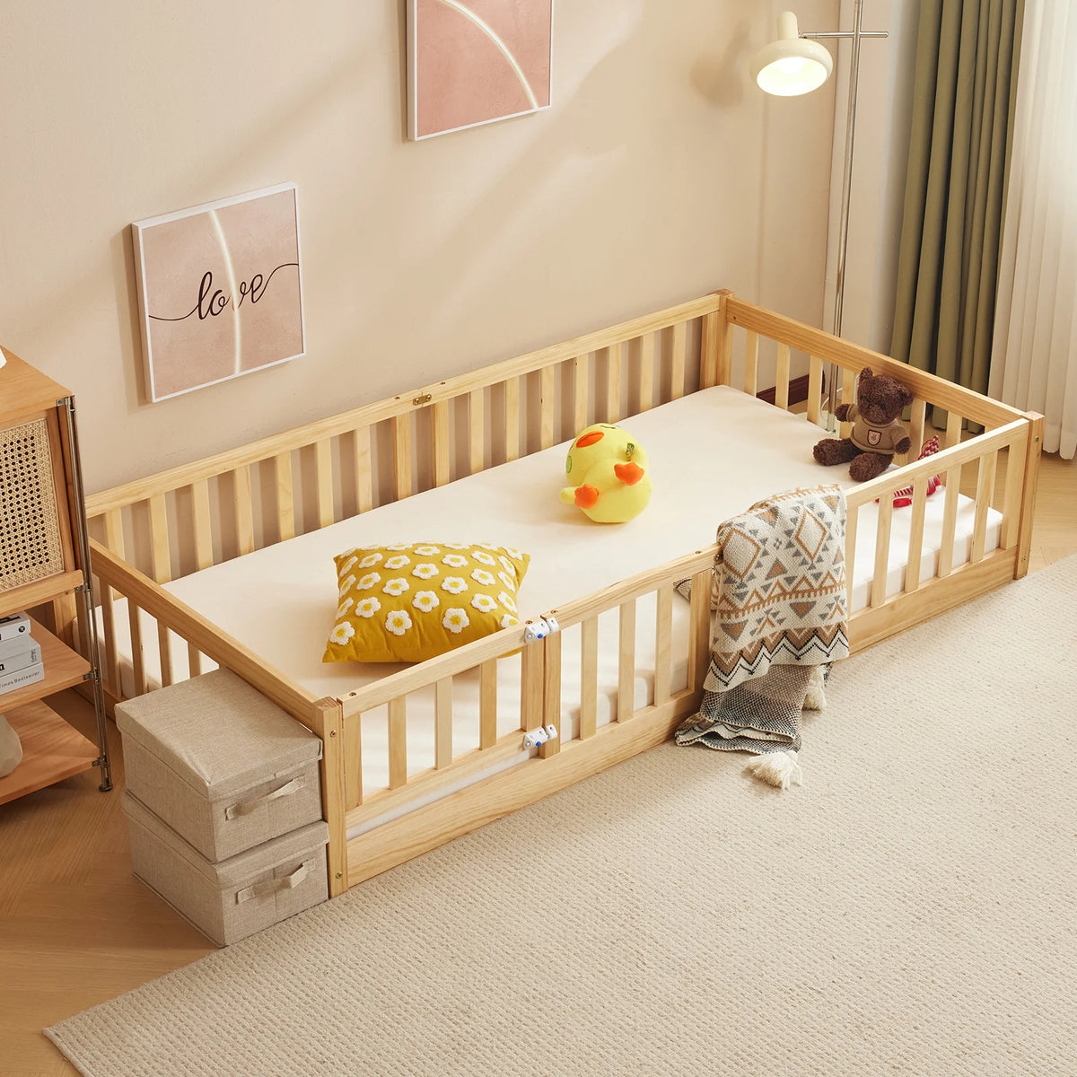 Ktaxon Montessori Twin Floor Bed with Safety Guardrails, Toddler Bed Frame for Kids, Wood Frame - Nature