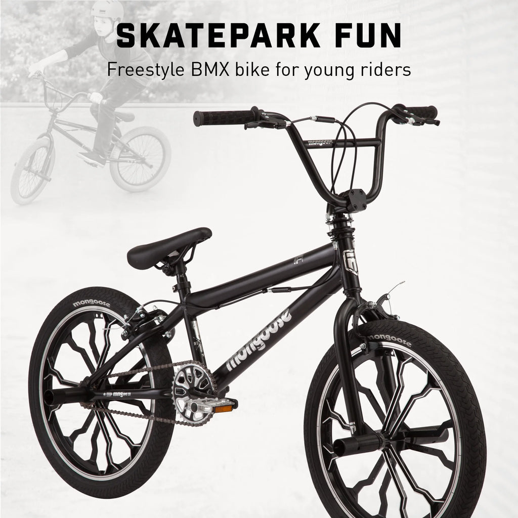 Mongoose Rebel Kids BMX Bike, 20-in. Wheels, Children & Tweens Ages 7-13, Black Bicycle